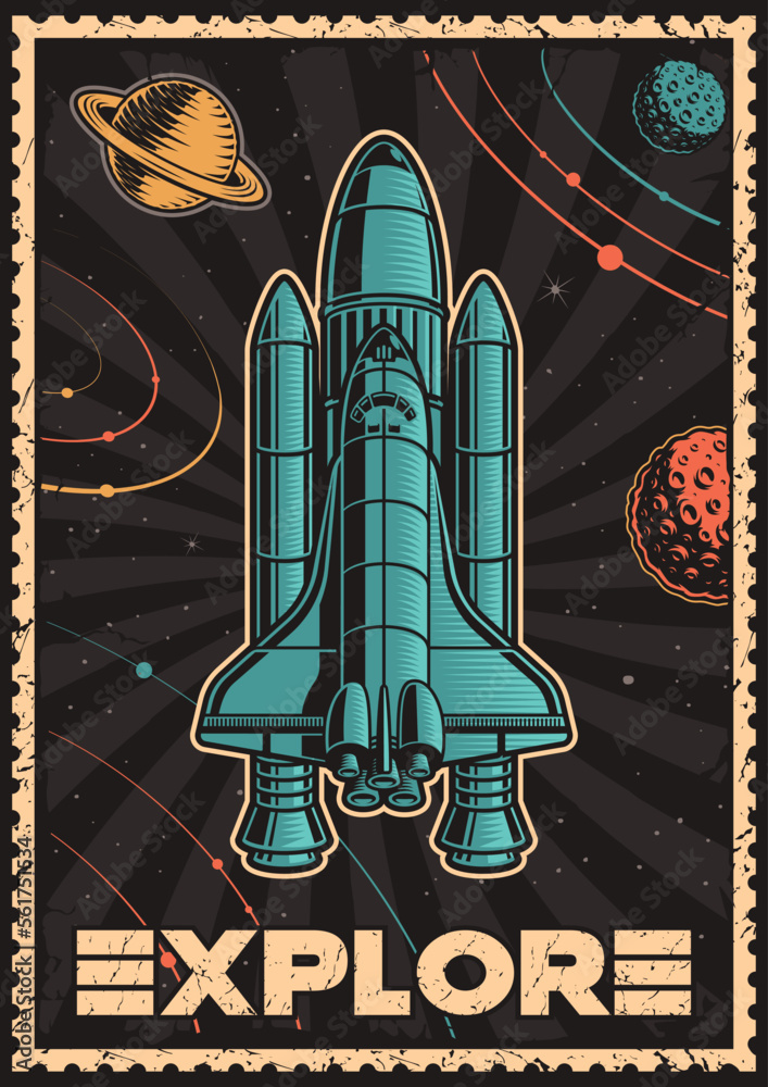 Space poster with shuttle in vintage style on planets background. This design can also be used as a t-shirt print.