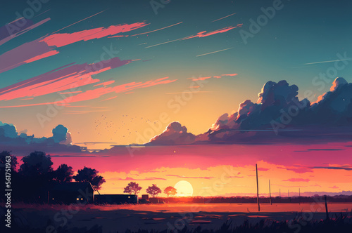 Minimal beautiful silhouette sunset sky with vibrant color and copy space sky background. Illustration graphic design generative ai.