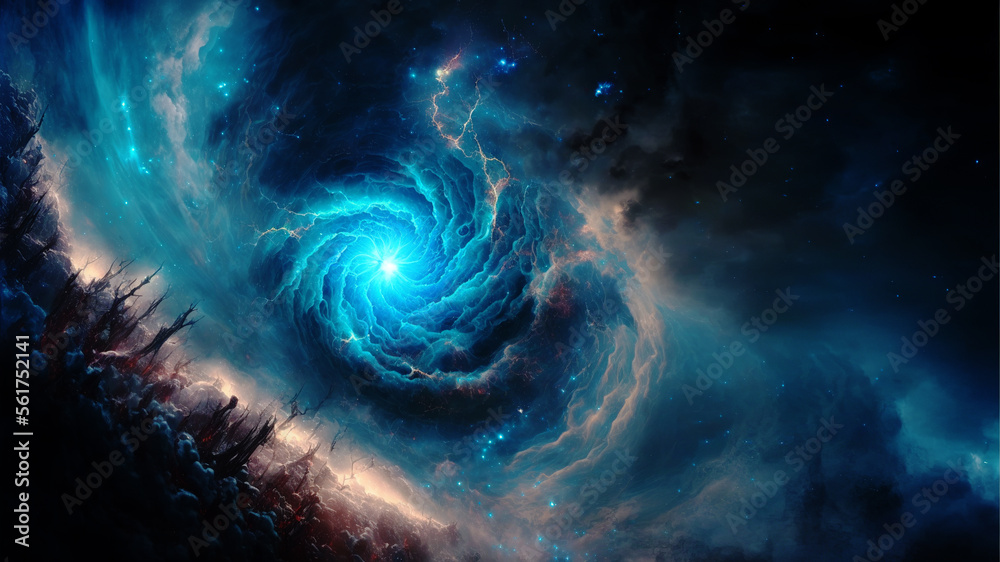 Birth of a star in space during a nebula explosion. Nuclear fusion of ...