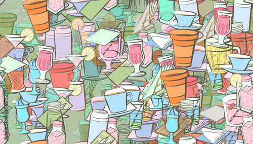 Background pattern abstract design texture. Seamless. Table setting and Drinks. Theme is about container, drink, compote, hot drink, tree, spoon, knife, drinking straw, aluminum, beer, wine