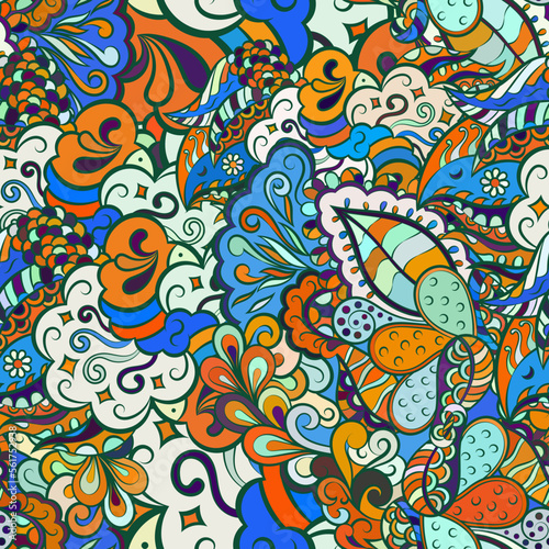Tracery seamless pattern. Mehndi design. Ethnic doodle texture. Curved doodling background. Vector