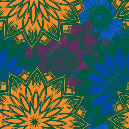 Flowers. Seamless floral background. Tracery handmade nature ethnic fabric backdrop pattern. Textile design texture. Decorative color art. Vector
