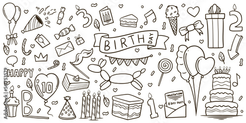 Hand drawn birthday equipments elements doodle set drawing isolated on white background.