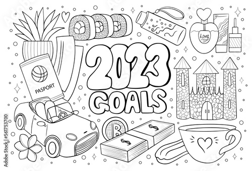 2023 mood board goals to dream life and success antistress coloring page for adults. Manifesting happiness coloring sheet