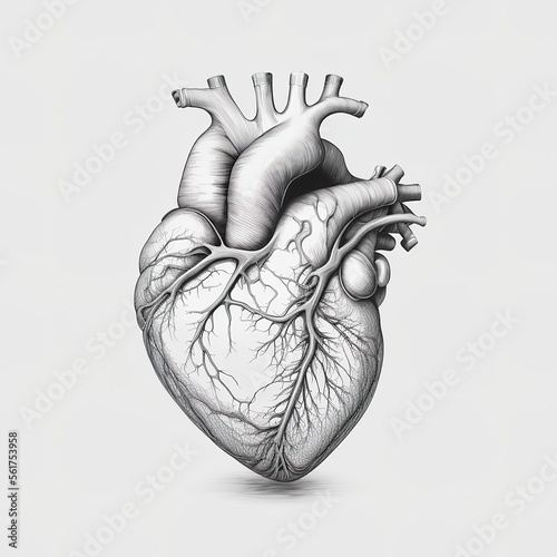 Human health medical. Anatomical human heart - sketch isolated on white background. Hand drawn sketch in vintage engraving style. Vector illustration. generative ai