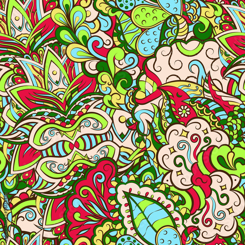 Tracery seamless pattern. Mehndi design. 7 colors. Ethnic doodle texture. Curved doodling background. Vector