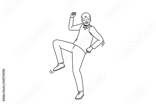Happy elderly man have fun dancing. Smiling energetic old grandfather feel optimistic and positive moving. Healthy maturity. Vector illustration. 
