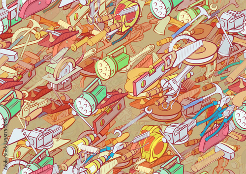 Background pattern abstract design texture. Seamless. Repair and Building tools. Theme is about wooden handle, stationary, acute, manufacturing, nailing, steel, forceful effect, fire tools