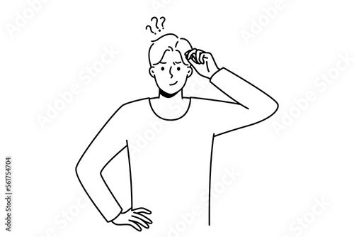 Frustrated young man think of problem solution. Pensive guy feel confused and doubtful solving trouble or issue. Dilemma. Vector illustration. 