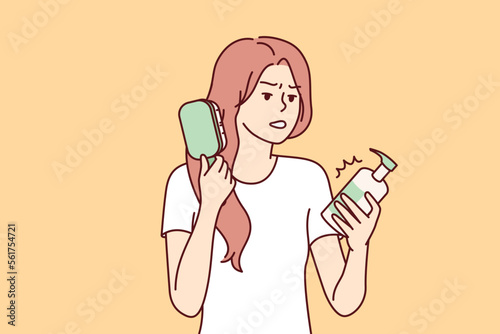 Woman combing hair out of frustration reads composition of cosmetic product containing dangerous chemicals. Shocked girl caring for hair looks disappointed at cream or hair gel. Flat vector design