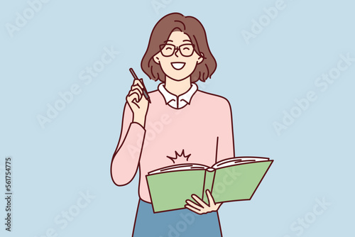 Happy woman in glasses holding large notepad in hands and with smile making note or plan for day. Positive girl standing with book holding pen to do marks when reading literature. Flat vector image