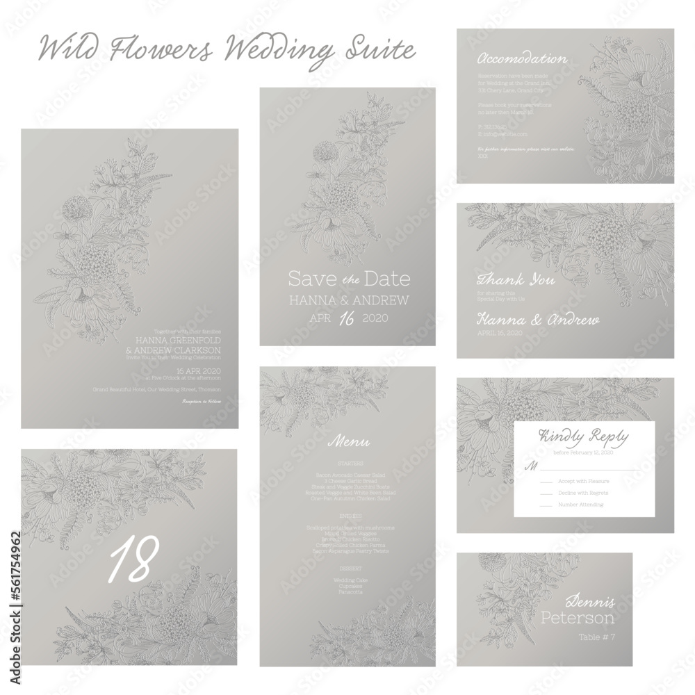 Wedding invitation suite. Set of invitation, save the date, menu, rsvp, table number, thank you cards. Hand drawn line illustration with wild flowers composition. Beige background
