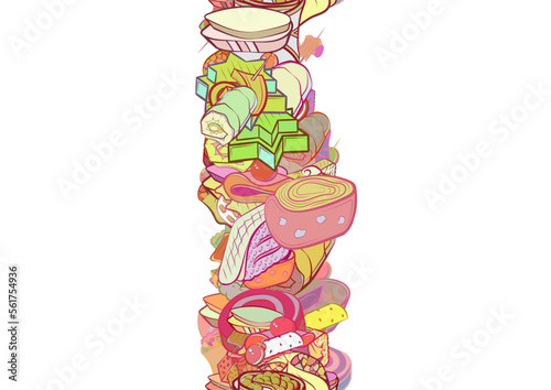 Background pattern abstract design texture. Snacks. Vertical seamless stripe. Border frame, transparent background. Theme is about sugar, jelly, caviar, filling, liquids, cucumber, cherry