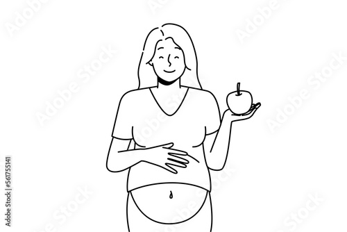 Smiling pregnant woman with apple. Vector Smiling young pregnant woman holding apple recommend healthy diet. Happy female follow pregnancy nutrition eat fruits. Vector illustration. 