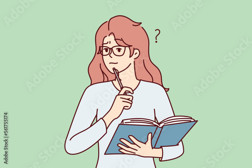Thoughtful woman with open textbook puts pen to chin remembering correct answer to questions. Perplexed girl student casual t-shirt stands with book to prepare for exams. Flat vector illustration