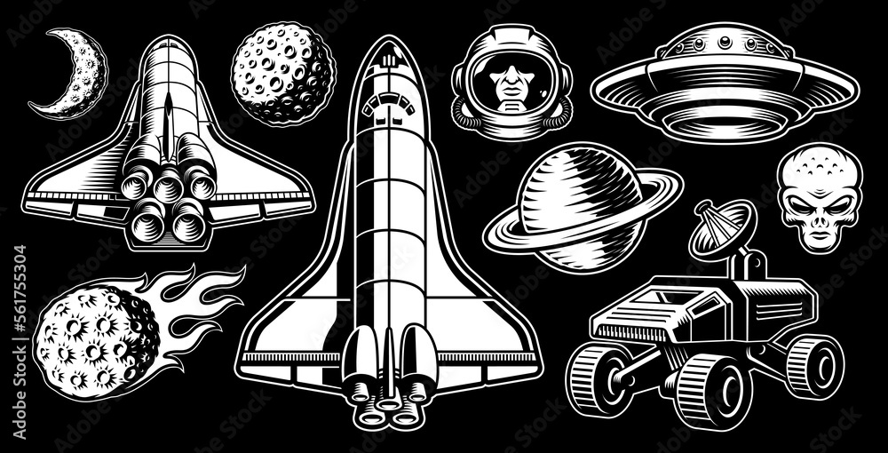Set of space illustrations such as shuttle, planet, space rover, asteroid, astronaut, alien, moon, flying saucer