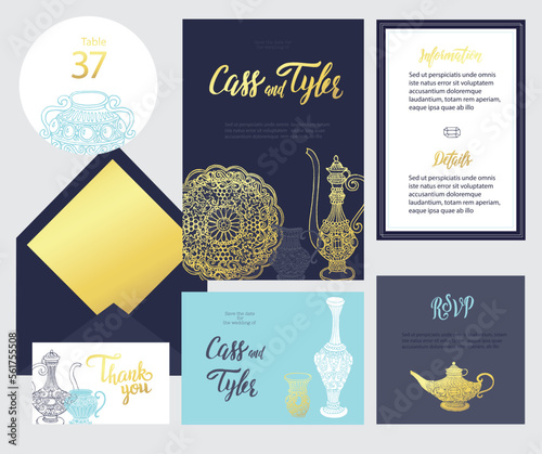 Set of templates for wedding invitation, postcard, information, respond, reply and design for envelope with hand drawn doodle oriental jags

