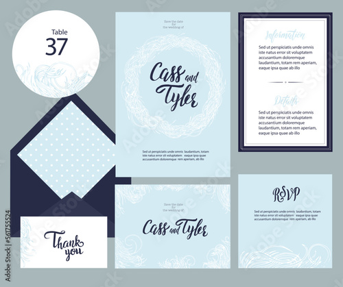 Set of templates for wedding invitation, postcard, information, respond, reply and design for envelope with hand drawn doodle wreath of branches
