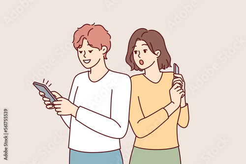 Curious woman looking at boyfriend phone spying on social media correspondence for family distrust concept. Shocked girl pry into man using smartphone to flirt dating app. Flat vector illustration