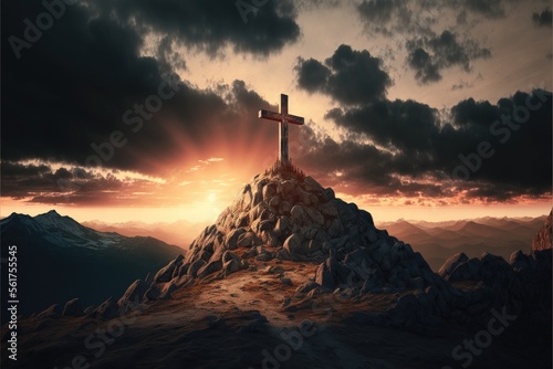 The cross sits at the top of the mountain  and the light shines on Calvary Hill. at sunrise concept of ascension day Christian Easter. Hope  Faith  Faith in Jesus Christ  Christianity Generative AI