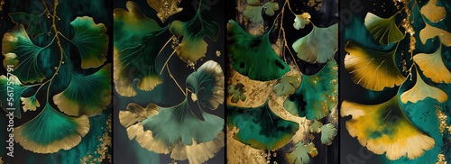 illustration of tropical golden leaf abstract background in collection set 4, green ginkgo branch Generative Ai