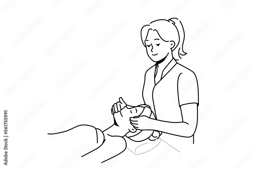 Beautician make face massage to female client in beauty salon. Cosmetologist do masks or facial procedures to woman patient in spa. Skincare routine. Vector illustration. Beautician make face massage to female client in beauty salon. Cosmetologist do masks or facial procedures to woman patient in spa. Skincare routine. Vector illustration.
