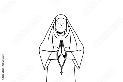 Calm nun in traditional clothes praying. Church sister with rosary talk to God. Religion and faith concept. Vector illustration. 