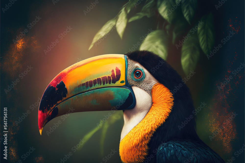 a closeup of a toucan with plants in the background. Generative AI