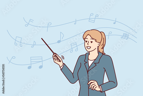 Woman teacher of musical art with pointer in hand stands near notes drawn on wavy line. Composer girl teaches melodies or works as conductor with orchestra in philharmonic society. Flat vector image