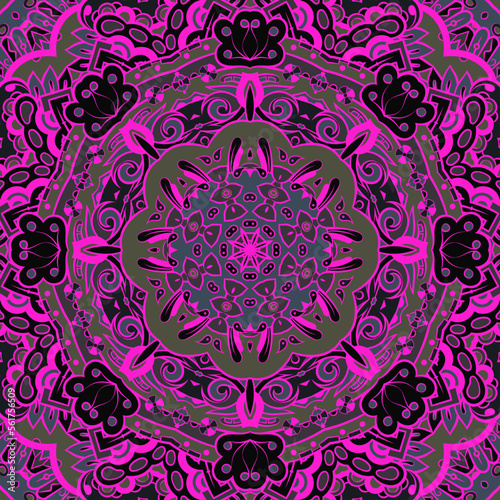 Seamless tile texture. Tracery mehndi design image. Dark toxic colors. Ethnic doodle art. Curved doodling picture. Vector