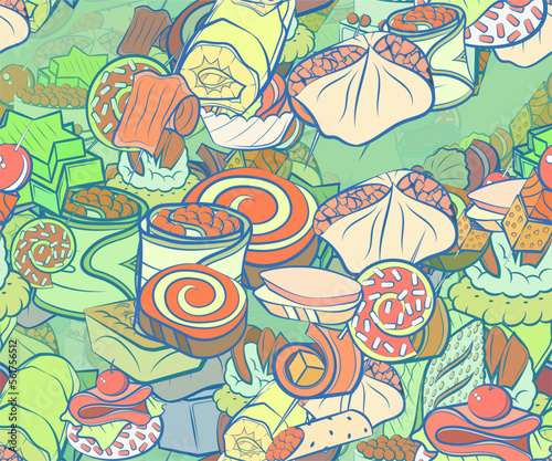 Background pattern abstract design texture. Seamless. Snacks. Theme is about marshmallows, topping, cake, crab meat, cucumber roll, lettuce leaf, filling, strung up, covered, six-pointed