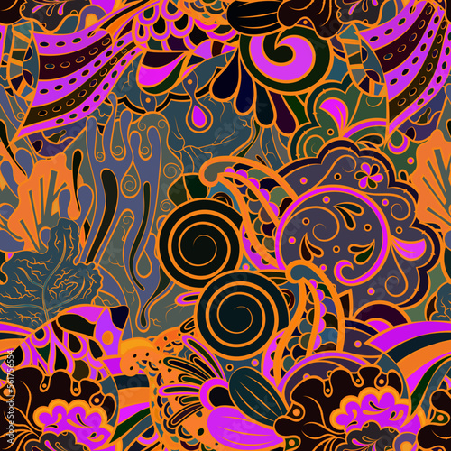 Tracery seamless pattern. Mehndi design. Dark sharp colors. Ethnic doodle texture. Curved doodling background. Vector