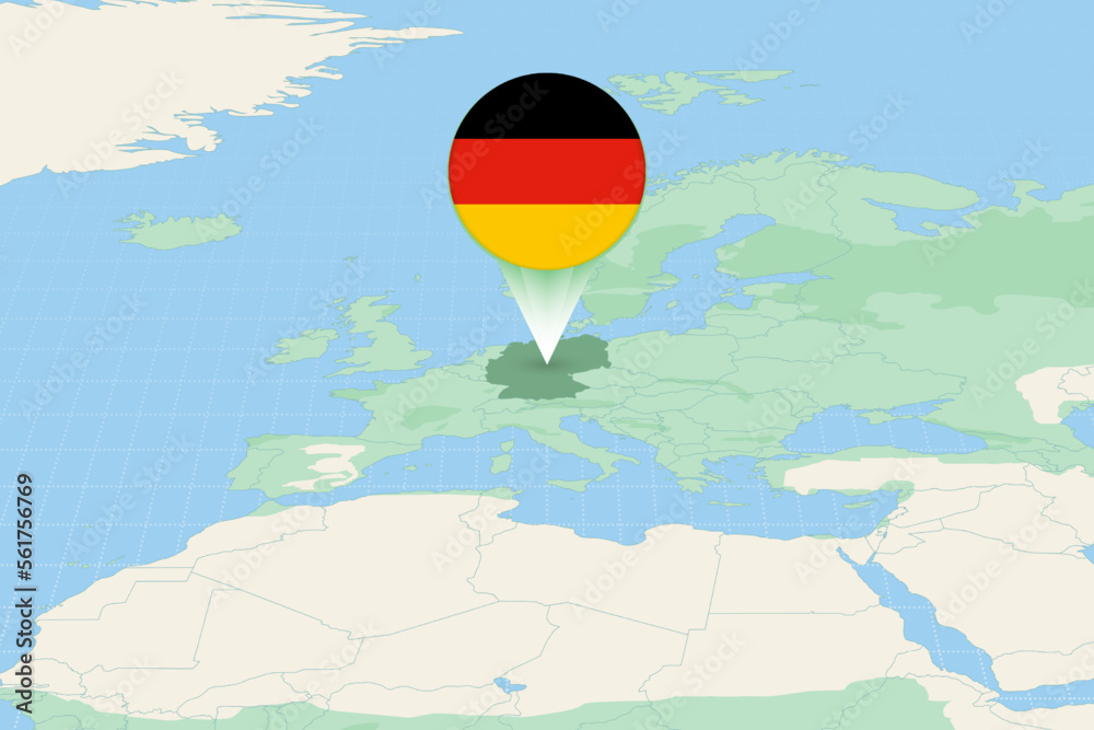 Map illustration of Germany with the flag. Cartographic illustration of Germany and neighboring countries.
