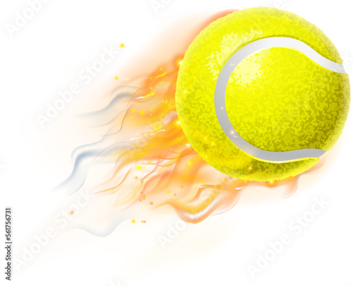 A Tennis ball flying through the air with flame or fire concept