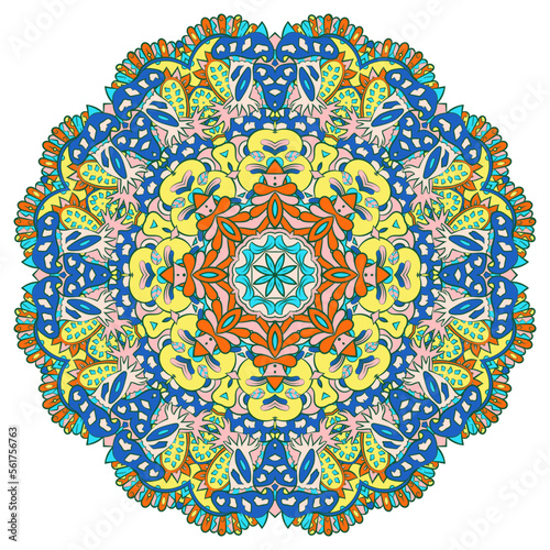 Mandala. Tracery wheel image. Mehndi design. Ethnic doodle art. Curved doodling picture. Vector