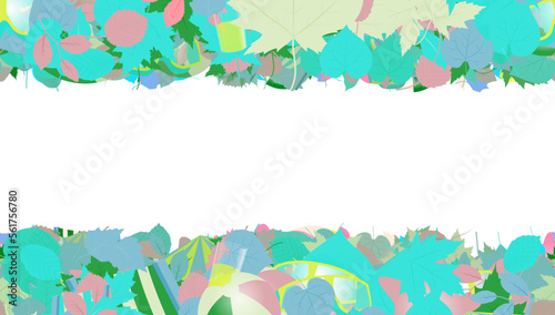 Background pattern abstract design texture. Horizontal seamless stripes. Border frame, transparent background. Theme is about birch, umbrella, apple, sea, starfish, garden, tourism, composition
