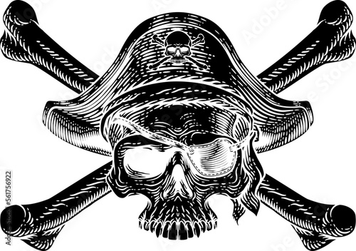 Pirate skull and crossbones skeleton grim reaper mascot in pirates captain hat and eyepatch. Original illustration in a vintage retro woodcut etching style.