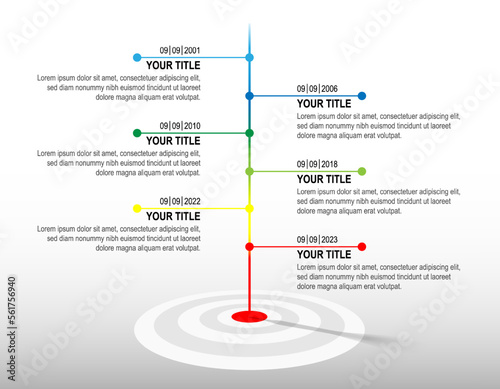 Colour line hit to dartboard with sample infographic. target timeline. Business success data chart, investment goal, marketing challenge, strategy presentation, achievement diagram. vector template.