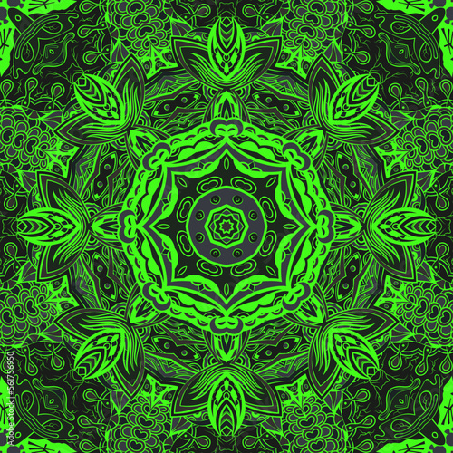 Seamless tile texture. Tracery mehndi design image. Dark toxic colors. Ethnic doodle art. Curved doodling picture. Vector