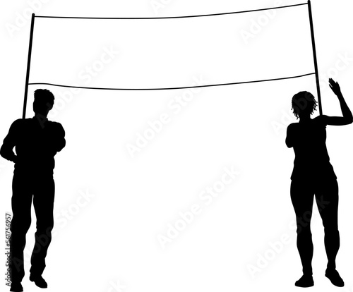 Two protestors or demonstrators at a demonstration march, picket line or strike protest rally in silhouette. Holding up a banner sign.