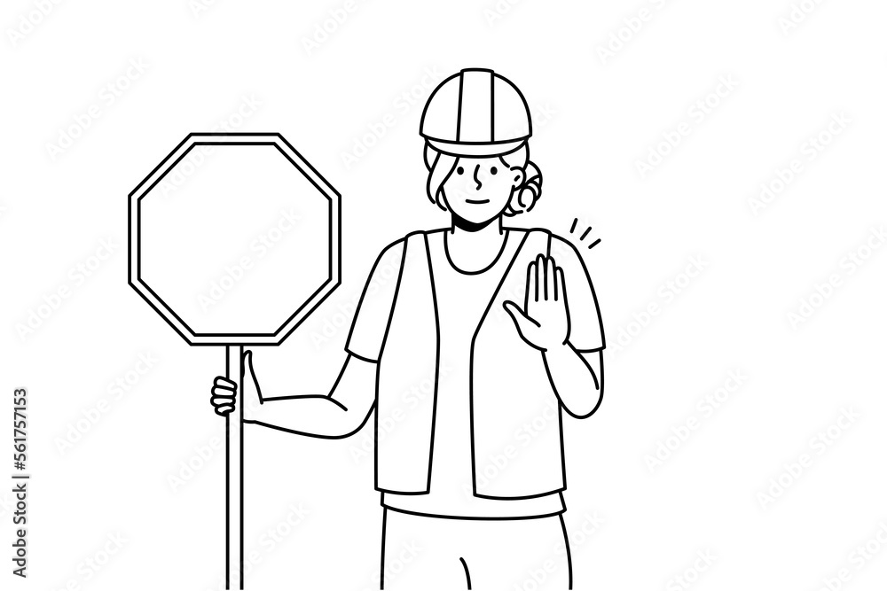 Young woman in uniform holding stop road sign in hands. Female worker in helmet stand on road show stop hand gesture. Vector illustration. Young woman in uniform holding stop road sign in hands. Female worker in helmet stand on road show stop hand gesture. Vector illustration.
