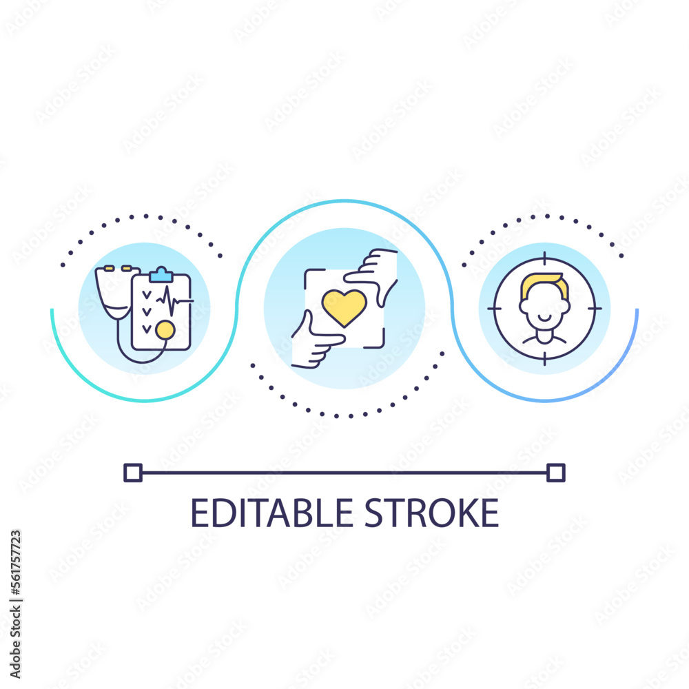 Patient first medical approach loop concept icon. Clinical service satisfied client. Healthcare abstract idea thin line illustration. Isolated outline drawing. Editable stroke. Arial font used Patient first medical approach loop concept icon. Clinical service satisfied client. Healthcare abstract idea thin line illustration. Isolated outline drawing. Editable stroke. Arial font used