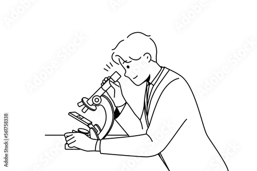 Young man scientist in white medical uniform look at sample in microscope in lab. Male researcher examine specimen in laboratory. Medicine and biotechnology. Vector illustration. 