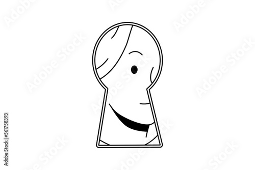 Woman peep in keyhole looking for secret or hidden information. Curious suspicious female interested in secrecy or gossips. Vector illustration. 