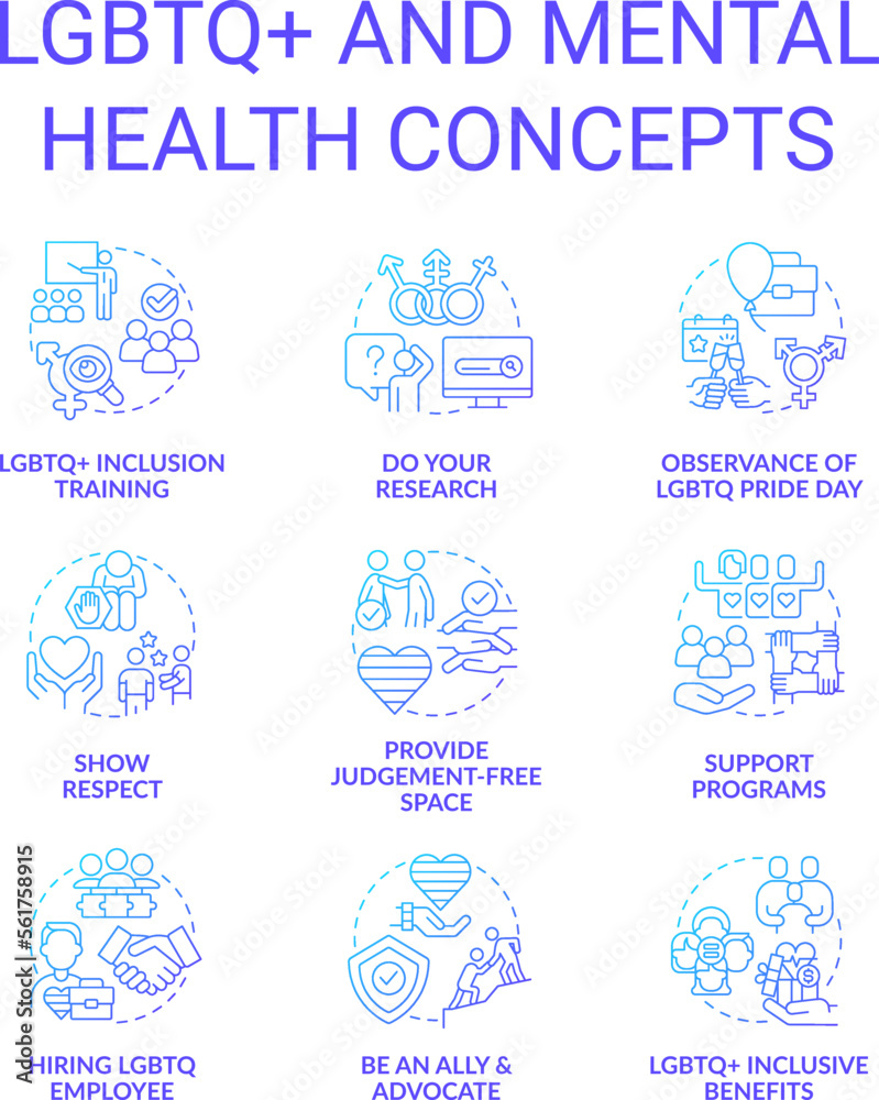 LGBTQ and mental health blue gradient concept icons set. Acceptance in society. Inclusion idea thin line color illustrations. Isolated symbols. Roboto-Medium, Myriad Pro-Bold fonts used