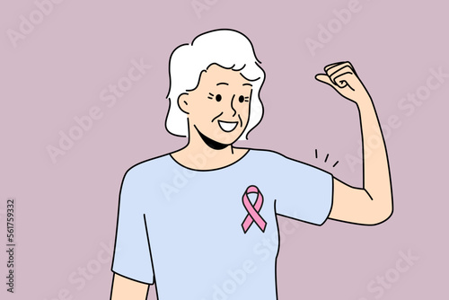 Smiling elderly woman with pink ribbon on chest feel powerful overcome breast cancer. Happy mature female survive oncology. Healthcare. Vector illustration. 