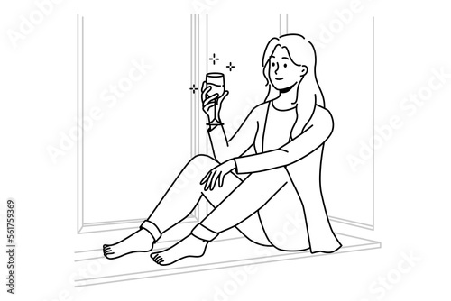 Happy young woman sit on windowsill at home relax with glass of red wine. Smiling girl rest indoors on weekend with drink. Relaxation. Vector illustration. 