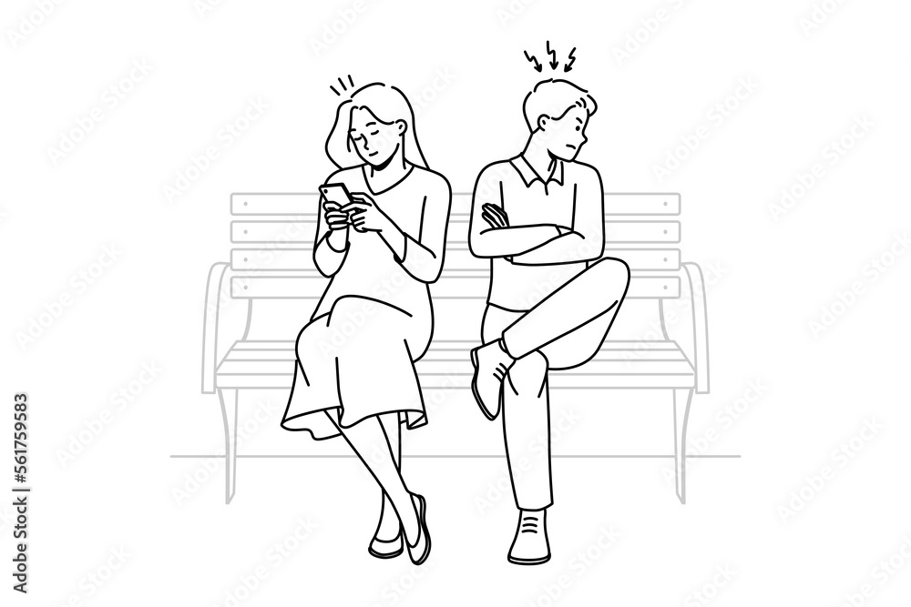 Angry man mad at busy woman using cellphone texting or messaging online in gadget. Stubborn couple sit on bench have relationship problems. Vector illustration. 