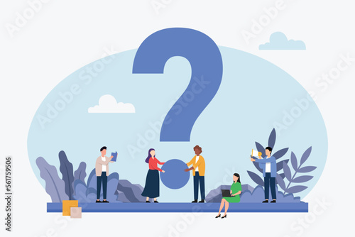 Business people asking questions around a huge question mark 2d vector illustration concept for banner, website, illustration, landing page, flyer, etc