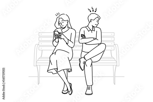 Angry man mad at busy woman using cellphone texting or messaging online in gadget. Stubborn couple sit on bench have relationship problems. Vector illustration.  © Dzianis Vasilyeu